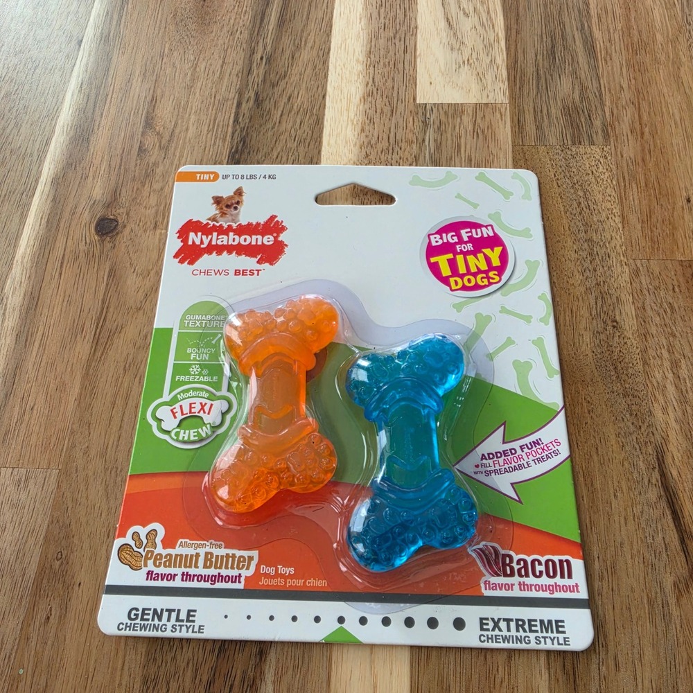 Nylabone FlexiChew Tiny Dog Toy 2 Pack Peanut Butter Bacon Flavored Bones 3" NEW